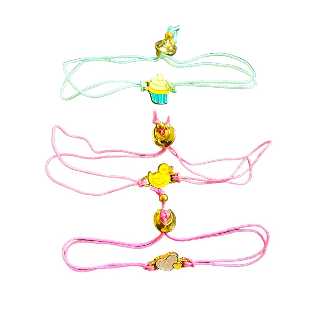 3 fortune cookie bracelets. Adjustable duck, hearts, and cupcake